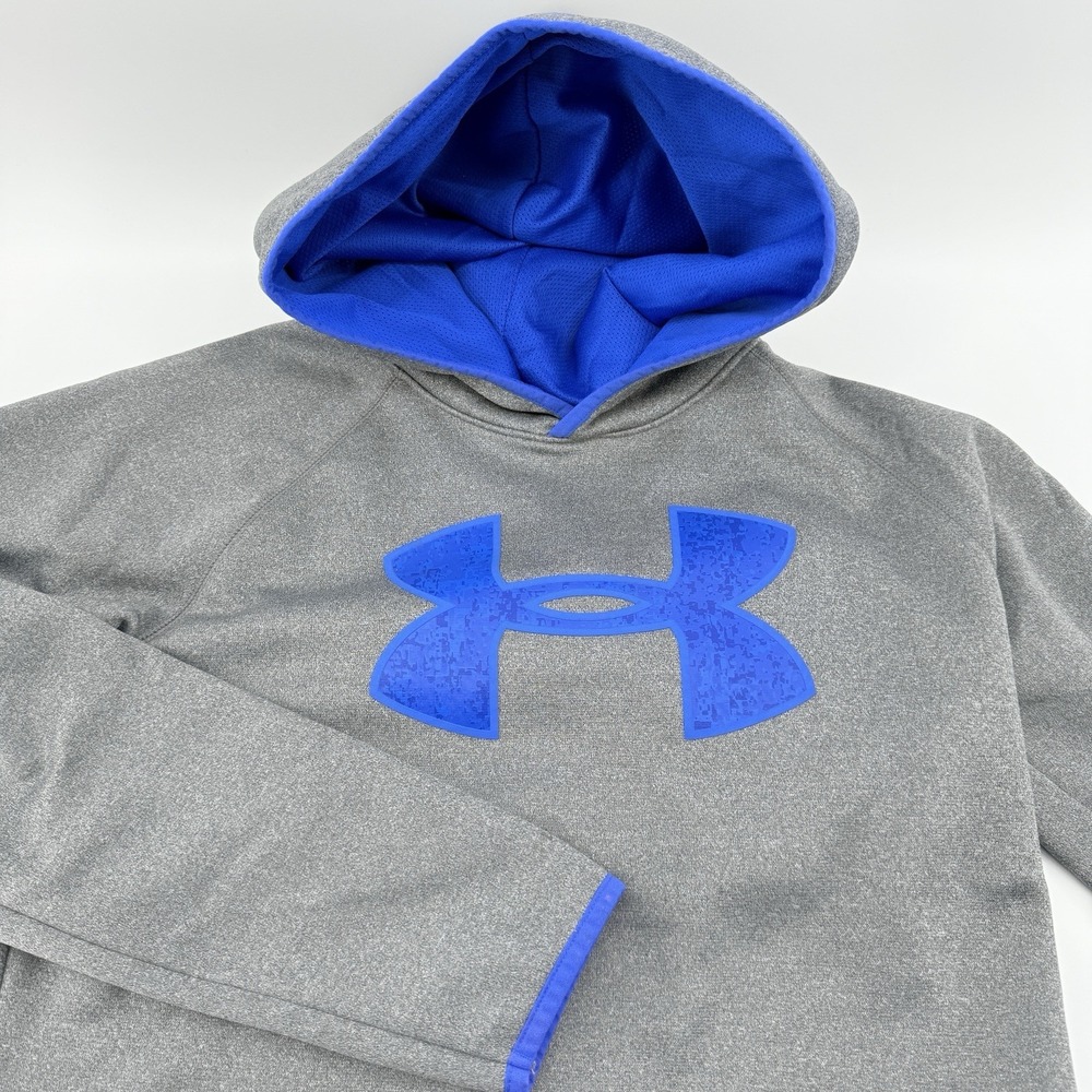 Under Armour Pullover Sweatshirt Boys YXL Gray Blue‎ ColdGear Fleece Hoodie